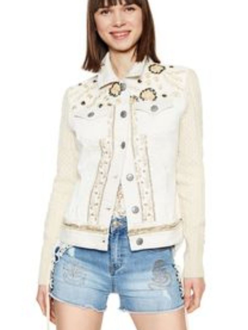 Desigual Cream and Beige Embellished Mixed-Media Jean Jacket